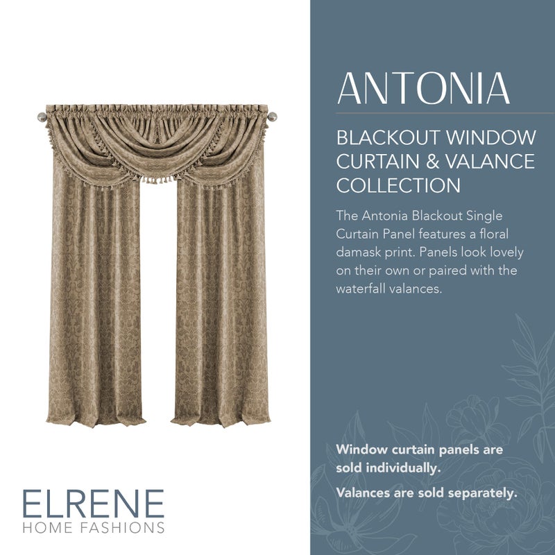 Elrene Home Fashions Antonia Floral Damask Blackout Single Window Curtain Panel, 52"x84", Taupe - Image 2